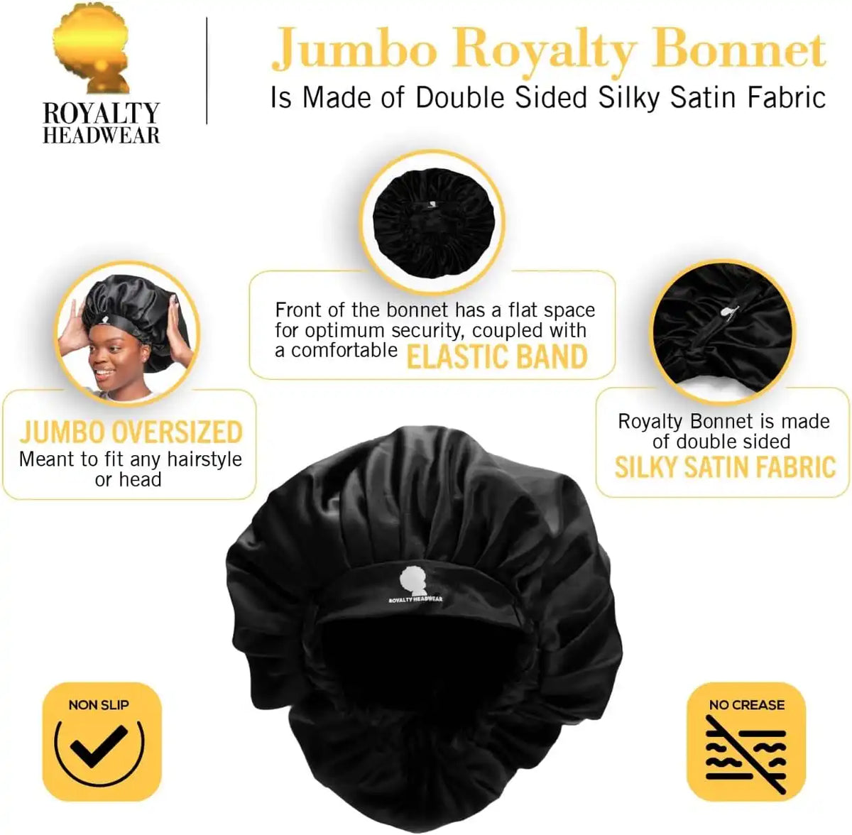Royalty Headwear Silk Satin Bonnet for Women - Adjustable Jumbo Extra Secure Non-Slip Satin Cap Silk Hair Bonnet for Sleeping