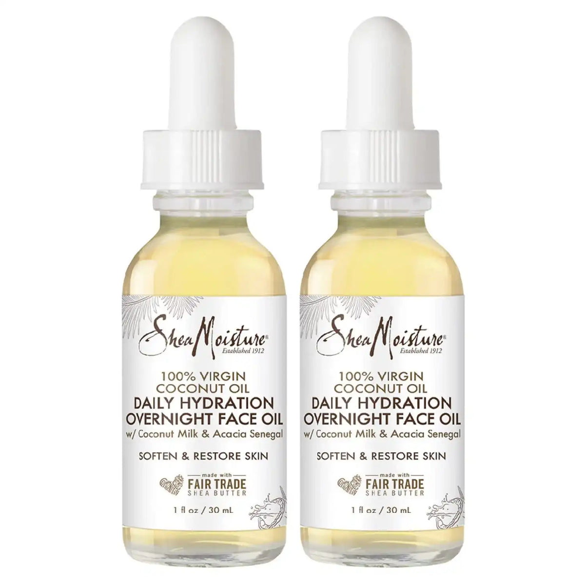 SheaMoisture Coconut Oil for Face - Daily Hydration Overnight Face Oil with Coconut Milk & Acacia Senegal, Argan Oil for Skin, Organic Shea Butter, Hydrating, Vitamin E, 1 Oz (Pack of 2)