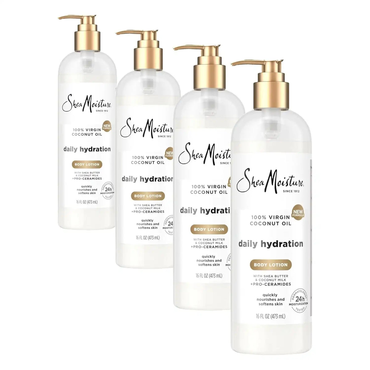 SheaMoisture Daily Hydration Body Lotion with 100% Virgin Coconut Oil, Shea Butter, Coconut Milk and Pro-Ceramides, Quickly Nourish & Soften Skin, 24H Moisturizing 16 oz (Pack of 4)