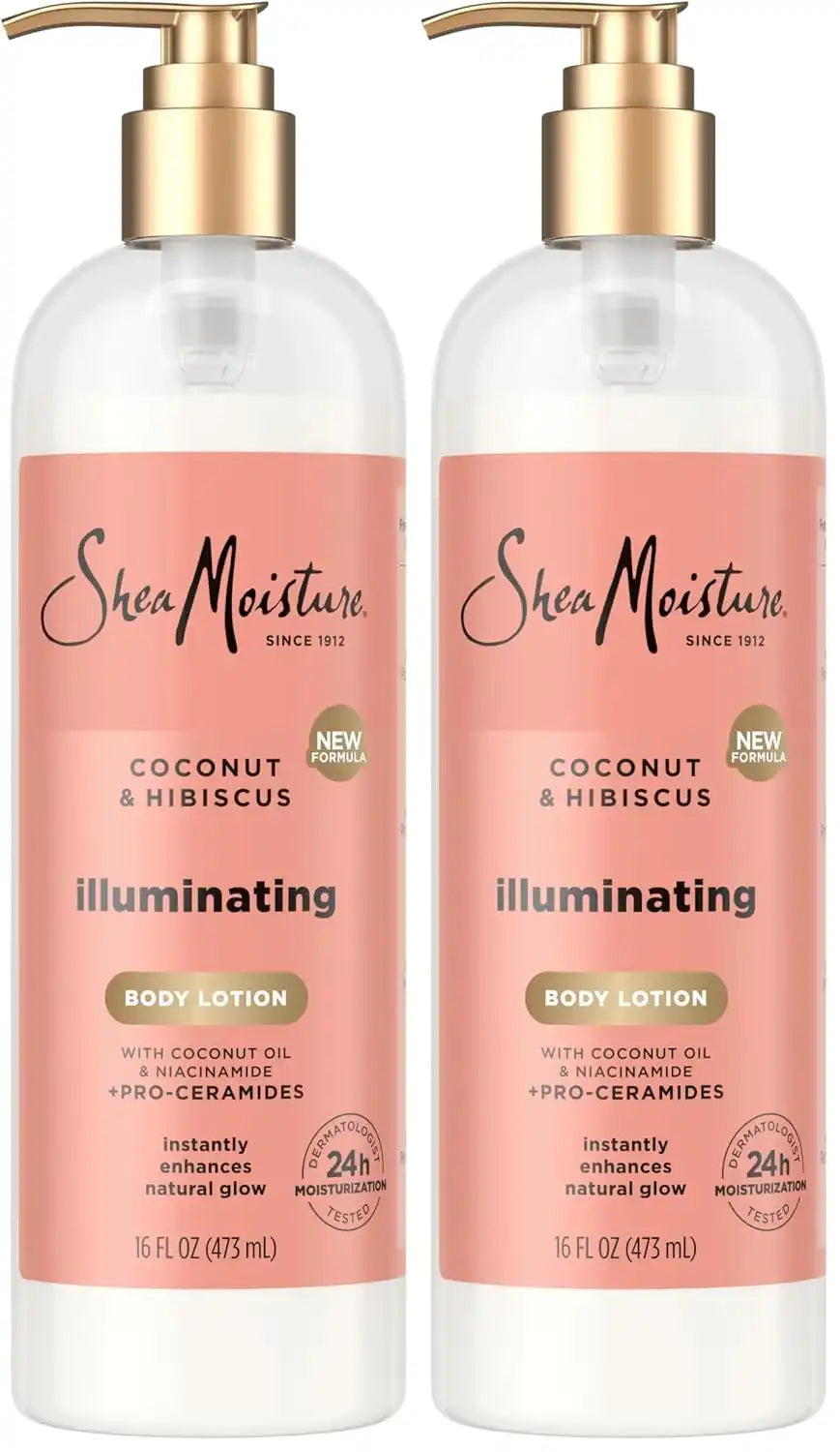 SheaMoisture Illuminating Body Lotion with Coconut Oil, Hibiscus, Niacinamide and Pro-Ceramides, Instantly Enhancing Skin's Natural Glow, 24H Moisturizing 16 oz, (Pack of 2)