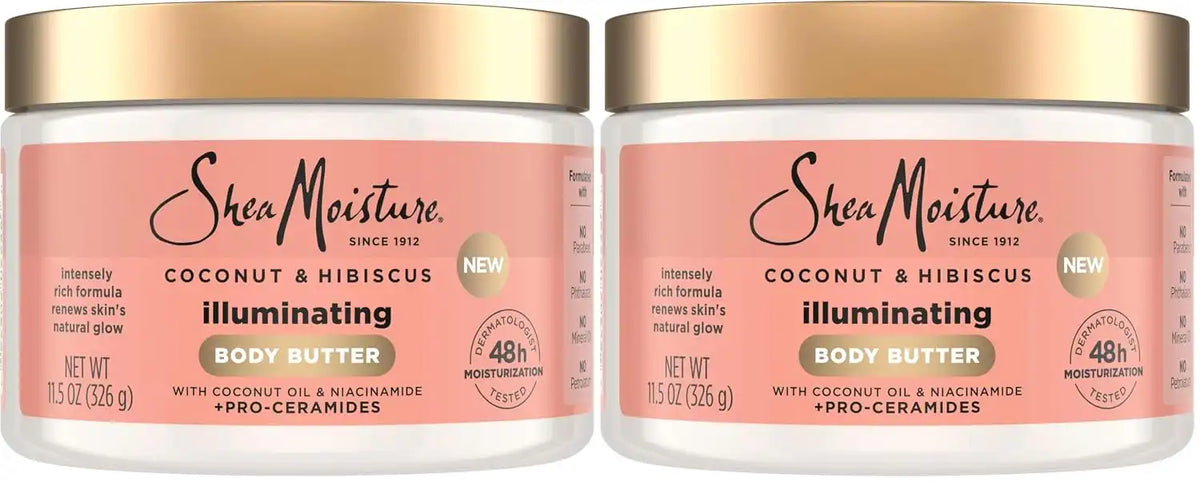 SheaMoisture Illuminating Body Butter with Coconut & Hibiscus, Niacinamide and Pro-Ceramides, Renewing Skin’s Natural Glow, 48H Moisturizing 11.5 oz,(Pack of 2)